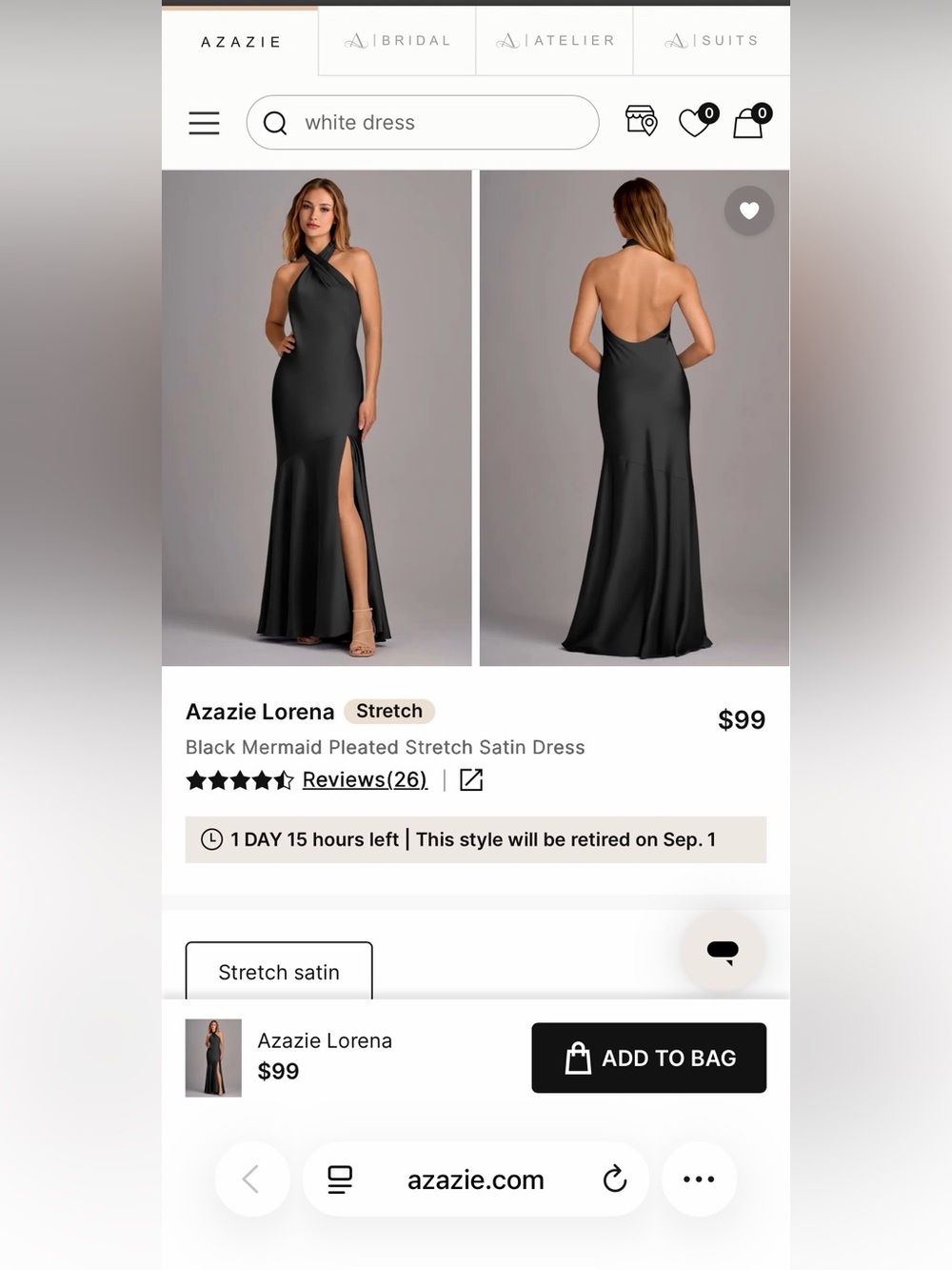 Azazie Black Backless Satin Halter Gown
